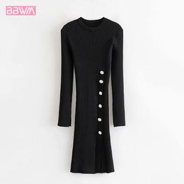 Long Sleeve Round Neck Black Skinny Women's Dress Vintage Side Buttons Thin Slim Draw Back Split Chic Female Dresses 210507