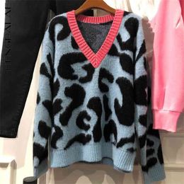 leopard printed sweater women's spring V-neck loose long sleeve fashion knitted pullover tops 5B224 210427