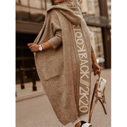 Nowssa Autumn Women Knitted Sweater Cardigan Open Stitch Hooded Letters Loose Sweaters Fall Fashion for 210914