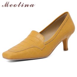 Meotina High Heel Shoes Genuine Leather Stiletto Heels Pumps Fashion Square Toe Ladies Footwear Slip On Dress Shoes Yellow 40 210520