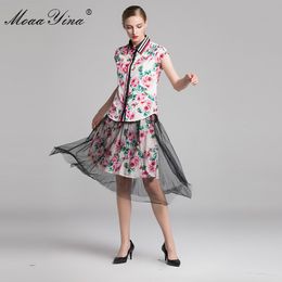 Fashion Designer Runway Set Spring Women Rose Print Casual Holiday Elegant Shirt+Mesh Half skirt Two-piece suit 210524