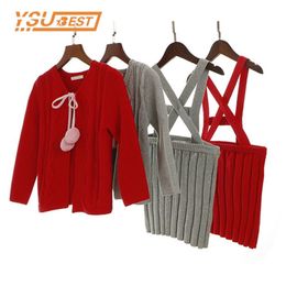 Sweater Cardigan Kids Knitted Suspender Set Infant Strap Braces Skirt Little Jumper Baby Girl Clothes 210417