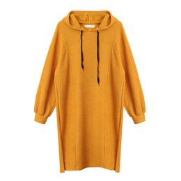 PERHAPS U Hooded Casual Sweatshirt Dress Knee Length Loose Yellow Khaki Black Solid Autumn Long Sleeve D0790 210529