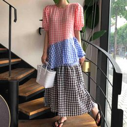 Vintage Robe Dress Cascading Ruffle Plaid Contrast Color Round Neck Short puff Sleeve Loose Fashion Summer 16F1264 210510
