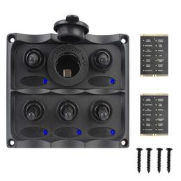 Car Marine LED Rocker Switch Panel Circuit Breaker 5 Gang DC 12v Waterproof Voltmeter/Cigarette Lighter Plug