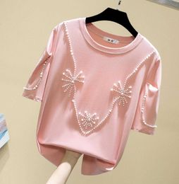 Pink T Shirt Women Tshirt Female Cotton Summer Tops T-Shirt Woman Korean Style Fashion Beading Clothing Tee Shirt Femme 210604