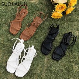 SUOJIALUN New Fashion Women Sandals Flat Heel Narrow Band Back Strap Summer Gladiator Shoes Ladies Casual Summer Beach Slides K78