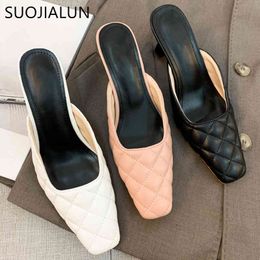 SUOJIALUN 2020 Spring Women Mules Shoes New Brand Linger Slipper Square Toe High Heels Pump Sandal Shoes Slip On Dress Shoes C0407