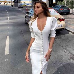 Deep V Neck Puff Sleeve Sexy Bodycon Dress Women Open Buttons Slit Long Pencil Fashion Ladies Casual Autumn 210427