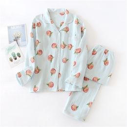 New large size pajamas women cotton crepe home service cotton long sleeve trousers suit simple and comfortable summer and autumn 210330