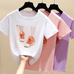 gkfnmt Beading Shoes Print Pink T Shirt Summer Short Sleeve Women Top White Tshirt Cotton Korean Style T-shirt Clothes 210330