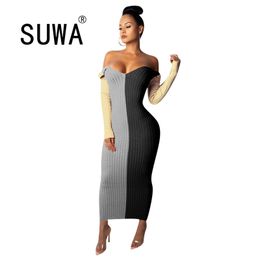 Fall Winter Knit Patchwork Deep V Neck Long Sleeve Bodycon Sexy Women Sheath Ankle-Length Dresses Free Lady Gowns 210525