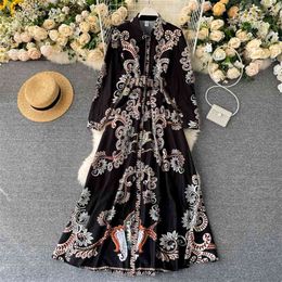 Spring Autumn Women's Dress Retro Print Lapel Puff Sleeve Korean Mid-length Female es LL086 210506