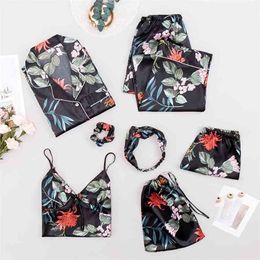 High Quality Women's Pyjamas 7 Piece Set Flower Print Black Sleepwear Silk Like Leisure Home Clothes Sling Top Shorts 210809