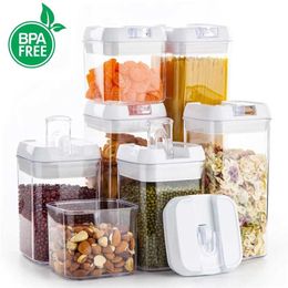 7Pcs Airtight Refrigerator Food Container Storage box Kitchen Jar with Lids Plastic Transparent Cans Multigrain Bulk Containers 211110