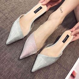 Pointed Toe Women Slippers Sandals Slides Bling Silver/Pink Shoes Thin Low Heels Fashion Slippers Dress Shoes Elegant Size 35-39 210513