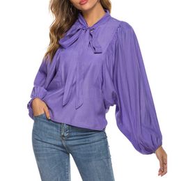 Long Lantern Sleeve Blouse and Tops for Women Purple Color Loose Plus Size Design Office Work Wear Shirts Spring Autumn 210527