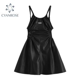 Pu Faux Leather Sexy Black Spaghetti Strap Mini Dresses Women High Waist Hollow Out Design Backless Loose Party Club Midi Frocks 210515