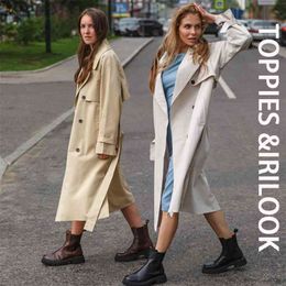 Toppies Long Trench Coat 100% cotton Loose Oversized Women's Double-Breasted Belted Lady Cloak Windbreaker 210825