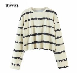 Casual Tie Dye Sweatshirt Woman Crop Tops Striped Long Sleeve Pullovers O-neck Spring Outwear 210421