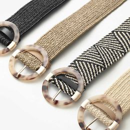 Women Casual Waistband Plastic Buckle Wide Waist Belt With Leopard Round Buckle Pp Straw Weave Belts Boho Braided Waist Strap G1026