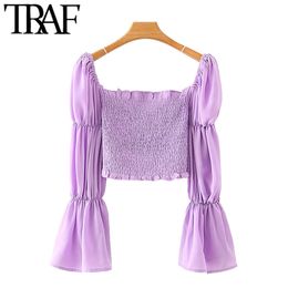 TRAF Women Fashion Elastic Smocked Ruffled Cropped Blouses Vintage Square Collar Long Sleeve Female Shirts Chic Tops 210415
