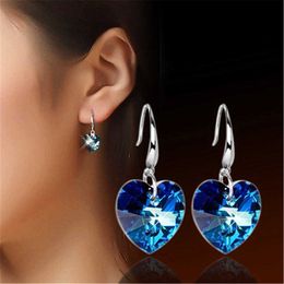 Womens Earrings Dangle crystal silver plated Women's jewelry long ocean heart Blue drop style