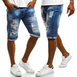 Mens Shorts Denim Ripped Short Jeans Hip Hop Style Light Jean Hole Zipper Fly Slim Fit Trousers Casual Men Clothing 210716