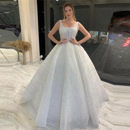 Square Neck Sequined Ball Gown Wedding Dresses Court Train Lace-up Back Plus Size Bride Dress Vestido de Noiva