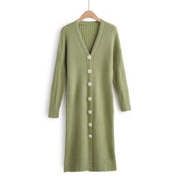 Orange Blue Beige Green V Neck Full Long Sleeve Knitted Knee Length Button Autumn Winter Dress Elegant D1408 210514