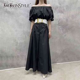 Casual Black Jumpsuit For Women Slash Neck Puff Short Sleeve High Waist Full Length Jumpsuits Female Summer Stylish 210521