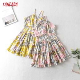 Tangada Summer Women Flowers Print Ruffles Beach Dress Strap Adjust Ladies Sundress JA61 210609
