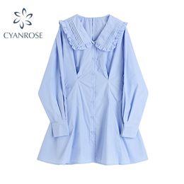 Summer Ruffle Lapel Long Sleeve Dress Women Fashion Vintage Hign Waist Draped Soild Office A Line Mini Dresses Female 210515