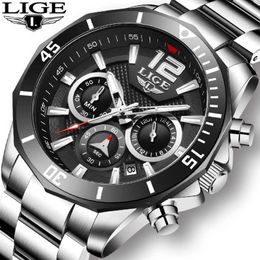 LIGE Mens Watches Top Brand Luxury Fashion Quartz Clock Male All Steel Watch For Men Date Waterproof Sport Chronograph 210527