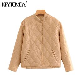 KPYTOMOA Women Fashion Argyle Loose Padded Jacket Coat Vintage Long Sleeve Side Pockets Female Outerwear Chic Tops 211013