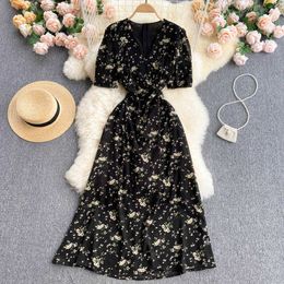 Black/Pink/White Floral Long Dress Women Summer Sexy V-Neck Short Sleeve High Waist Robe Female A-Line Vestidos Casual 2021 New Y0603