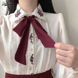 Korean Chic Spring Women Gorgeous Blouse Vintage Elegant Bow Lady Shirt Turn-Down Collar Floral Embroidery Chiffon Blusas 13648 210521