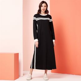 Summer Women's Casual Dress Black White Patchwork Striped O-Neck Long Sleeve Sport College Style Maxi Dresses 210915