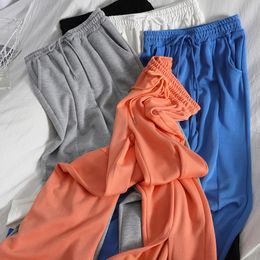 fashion slim Casual straight-leg pants women's trousers slits with elastic waist Korean sweat Full Length 210420
