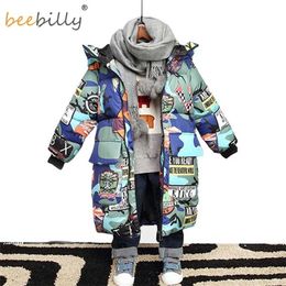 Jacket for Boys Brand Hooded Winter Jackets Graffiti Camouflage Parkas For Teenagers Thick Long Coat Kids Clothes 211203