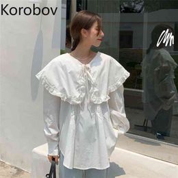 Korobov Korean Lace Patchwork Turn-Down Collar Long Sleeve Blouses Vintage Lacing Elegant Shirts Spring New Mujer Blusas 210430