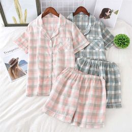 Japanese simple short pyjamas women 100% cotton short sleeves ladies Pyjama sets shorts Cute cartoon sleepwear women homewear 210928