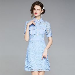 Summer Women Fashion Runway Party Short Dress Sleeve Lace High Waist Solid Printed A-Line Dresses 210603
