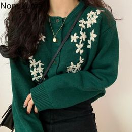 Nomikuma Flower Embroidery Vintage Cropped Cardigan Women Single Breasted Long Sleeve Knitted Sweater Autumn Outerwear 3c568 210514
