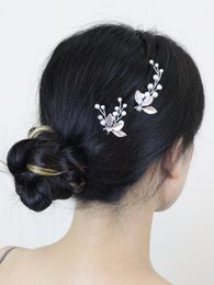 Headpieces Silver 2PCS Hair Pins Pearls Handmade Leaf Wedding Banquet Simple Accessories Clips Women Decoration
