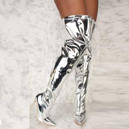 Kadın Çizmeler Ayna Platformu Homedy Toe Punk Yüksek Ince Topuklu Diz Üzerinde Uzun Çizmeler Sonbahar Kış Zip Gümüş Rahat Parti Ayakkabı 210911