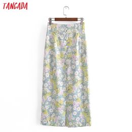 Tangada Summer Women Flowers Print Midi Skirt Vintage Buttons Decorate Back Zipper Ladies Chic Mid Calf Skirts 3H248 210629