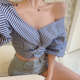 Neploe New Slash Neck Women Blouses Vintage Striped Short Sleeve Ruched Female Shirts Summer Ruffles Irregular Crop Blusas 210423