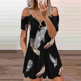 Summer Fashion Dresses for Women V-Neck Zipper Camisole Print Casual Short Sleeve Loose Temperament Party Midi Dress 210730