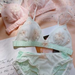 Sexy Set Wriufred Cotton-lined underwear set three-dimensional flower fairy triangle cup bra set comfortable chiffon sleep women lingerie L2304